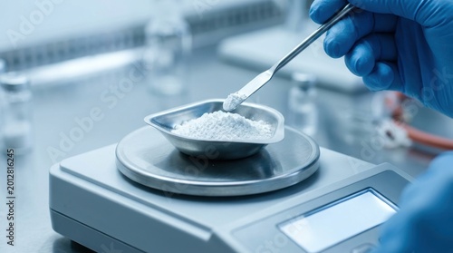 Close-up of a scientist wearing blue gloves using a spatula to transfer white powder onto a digital scale in a laboratory setting, highlighting precision and accuracy in scientific measurements