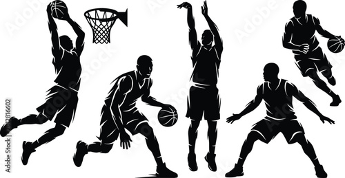 Basketball player silhouettes in dynamic action poses, dunk dribble shoot defend run vector illustration for sports design projects