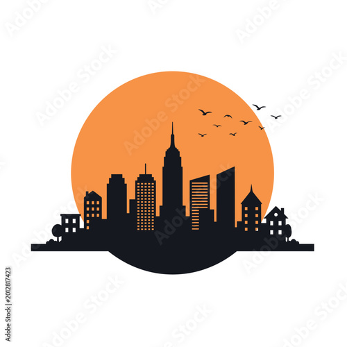 Silhouette of a city skyline with birds flying across, clean flat design with bold shapes white background