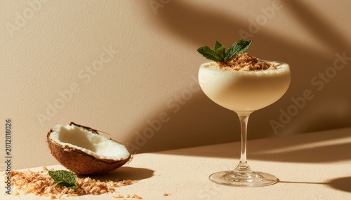 Creamy coconut cocktail in a stemmed glass garnished with fresh mint leaves and toasted coconut flakes on a textured beige surface with soft natural sunlight shadows
