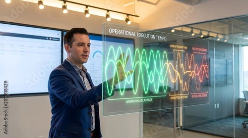 Business consultant interacting with digital visualization of organizational execution tempo and operational rhythm
