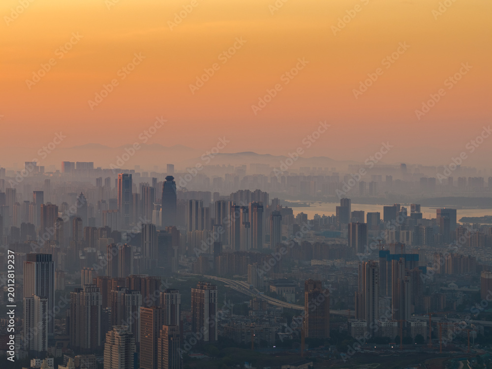 Fototapeta premium Sunrise over the skyline of Wuhan, Hubei, China