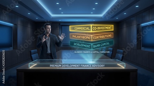 Male Financial Strategist Shaping Blended Finance Capital Formation Visualization for Infrastructure Development