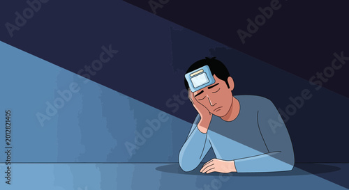 A Sick Individual, Resting with a Cooling Pad Suffering from Headache Pain, Cartoon Style