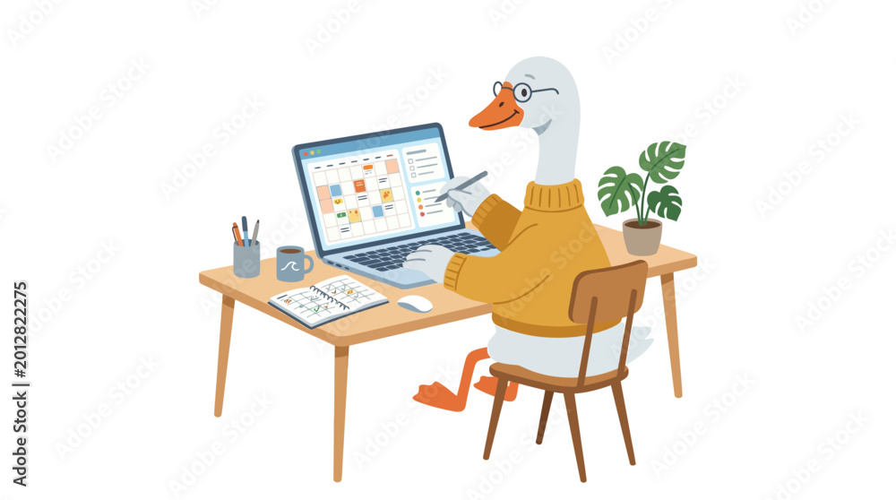 Fototapeta premium Charming cartoon illustration of a goose wearing glasses and a sweater, working diligently at a desk with a laptop and drawing tablet