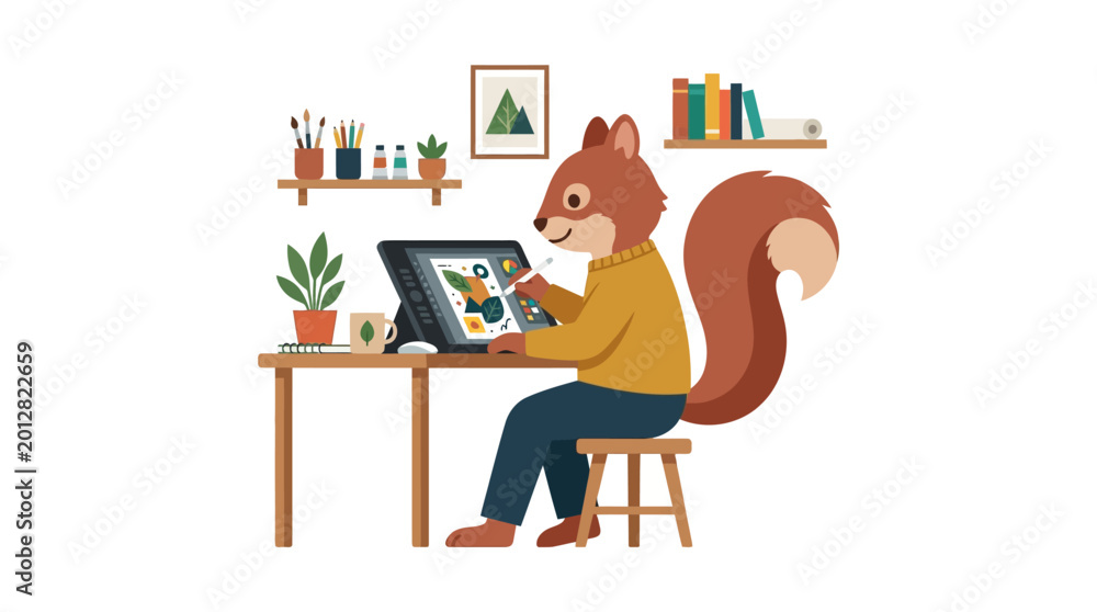 Fototapeta premium Charming Squirrel Illustrator Engaged in Digital Art Creation at a Cozy Desk Studio, Blending Nature's Whimsy with Modern Technology