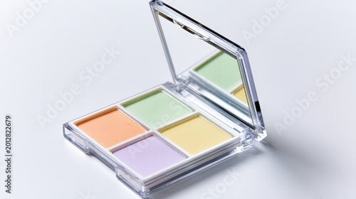 Open makeup palette with four pastel color correcting cream shades in a clear plastic compact case with a mirror on a clean white background for beauty photography