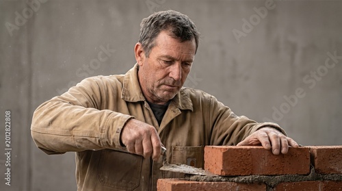 Man working with mortar on red bricks against plain background