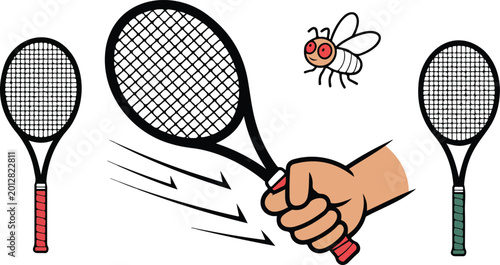 Tableau sur toile Electronic fly swatter racket vector set featuring hand holding bug zapper with cartoon flies isolated on white background for cleaning