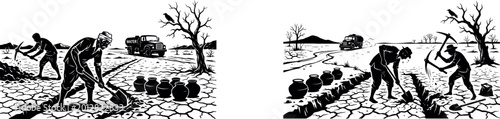 Tableau sur toile Damaged and Deforested Land with Dead Trees and Dry Cracked Soil, Environmental