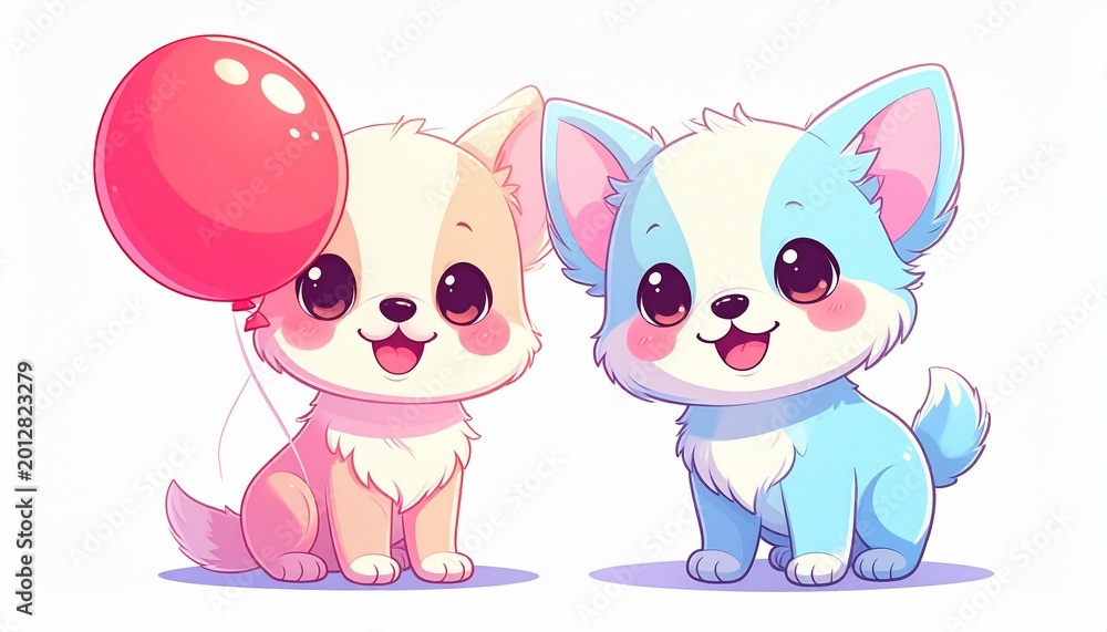 Fototapeta premium 2D cartoon puppy holding a balloon, cute happy face, soft pastel tones, kawaii style, isolated on white background, editable, sticker style, copy space