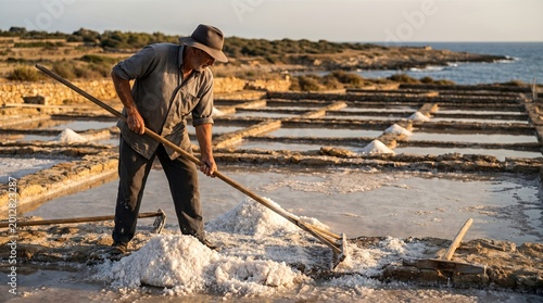 Man working with harvested salt crystals in drying salt pan