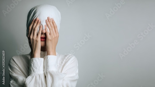 Young Woman Hiding Face with Hands and Cloth in Minimalist Photography Style against Gray Background