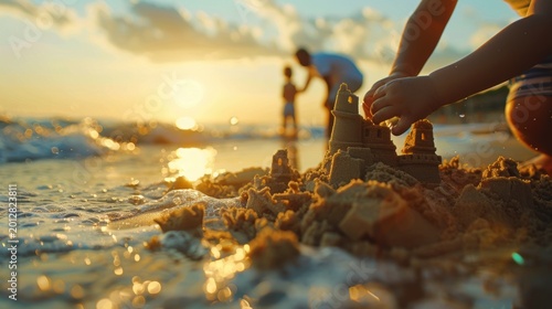 Child playing with a sandcastle at the water’s edge during sunset
