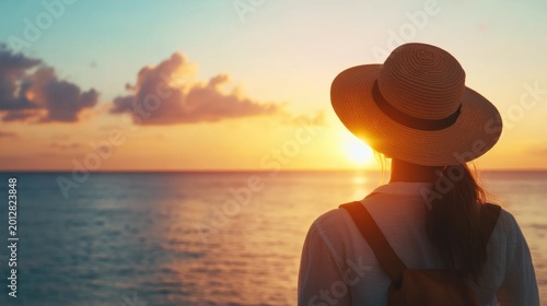Traveler with a straw hat and backpack watching the ocean at sunset
