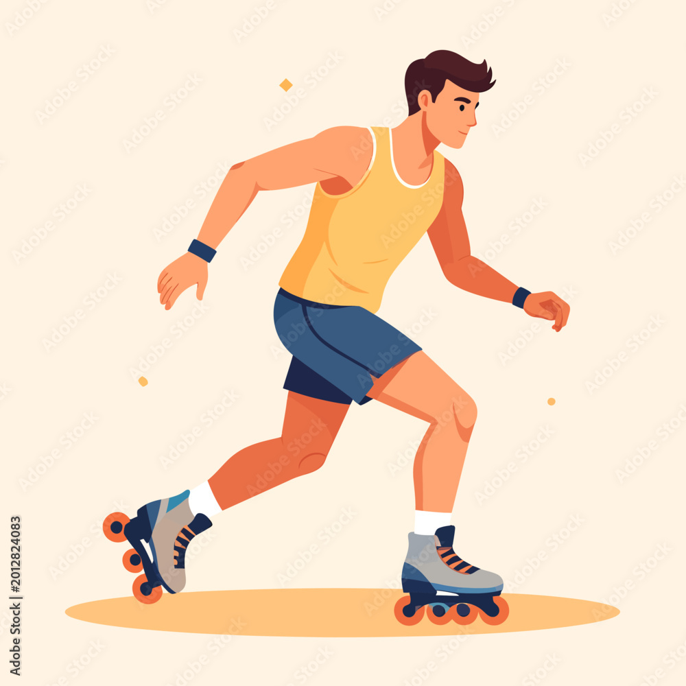 Obraz premium Man rollerblading wearing a tank top and shorts outdoors.