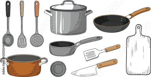 Kitchenware collection vector set featuring stainless steel pots frying pans wooden cutting board and cooking utensils isolated on white background.