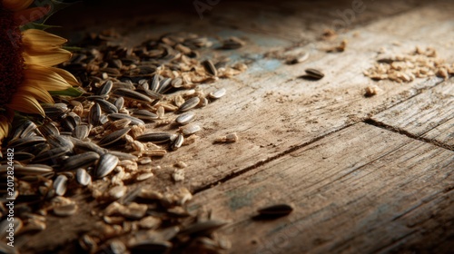 Sunflower Seeds on Rustic Wooden Surface with Natural Light Emphasizing Texture and Contrast for Food and Nature Photography