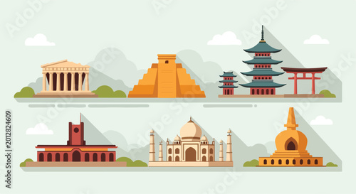 Colorful illustration of famous landmarks from around the world
