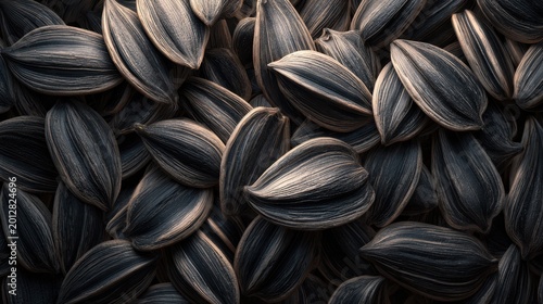 Close-Up of Dark Seed Shells with Intricate Patterns, Capturing the Natural Texture and Detail of Sunflower Seed Halves Against a Soft Light Background for a Unique Visual Experience