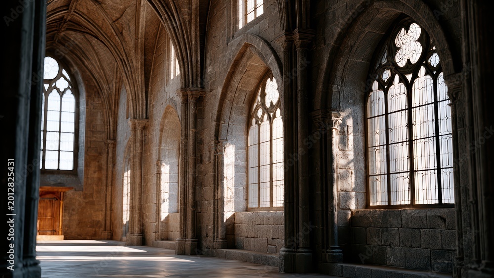 Naklejka premium Ancient gothic architecture bathed in morning light, casting dramatic shadows within a vast hall