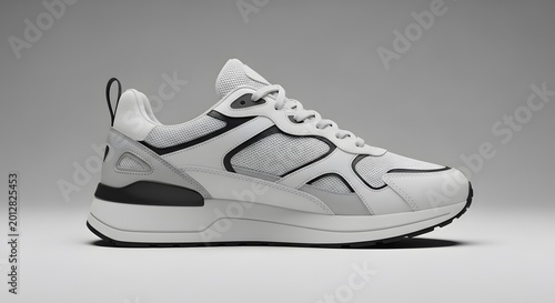 Modern White and Black Running Shoe or Sneaker on a Clean Light Gray Background.