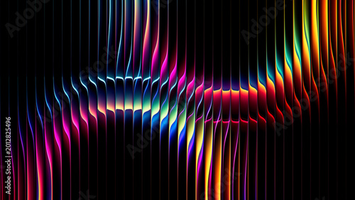 Fotografía Abstract neon circles through vertical ribbed glass forming colorful geometric bright spectrum gradients, optical distortion, layered circular shapes for creative futuristic digital project