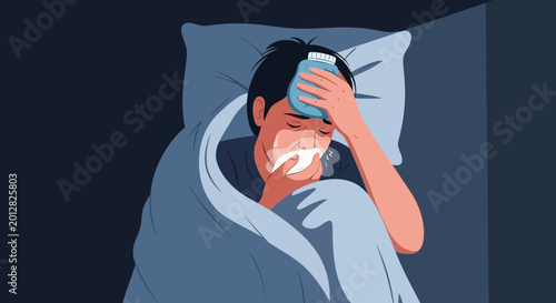 A Sick Person Lying In Bed In The Dark With A Cold Compress On Forehead
