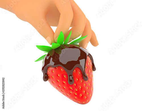 Hand holding chocolate-dipped strawberry