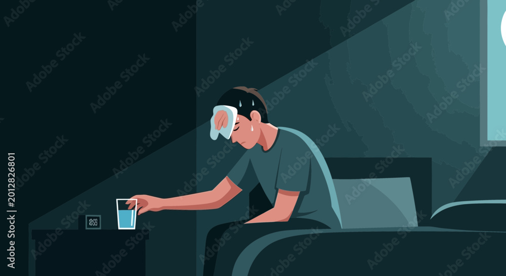 Fototapeta premium A Sick Person With Fever Reaching For A Glass Of Water In Darkness At Night