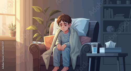 A Sickening Scene Depicting a Weary Young Child Wrapped in a Blanket Feeling Unwell