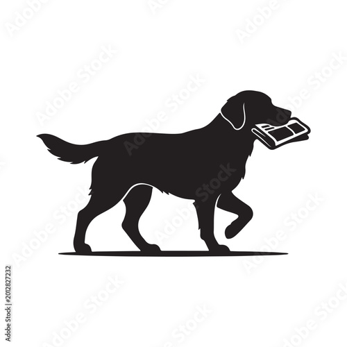 Black silhouette of a dog carrying a folded newspaper in its mouth dog silhouette black dog d