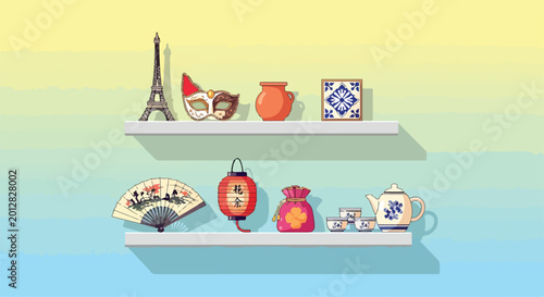 Colorful illustration of two white shelves filled with various cultural items