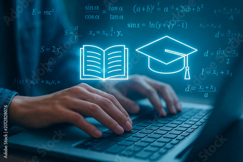 Student Using Laptop with Digital Education Icons and Math Formulas Overlay