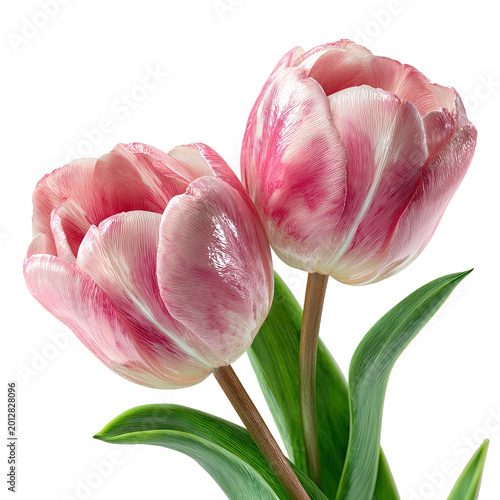 Two Pink and White Striped Tulips with Green Leaves