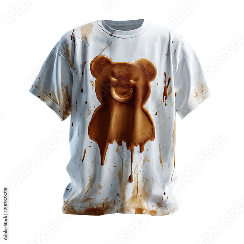 White T-shirt with Drips of Brown Liquid Forming a Teddy Bear