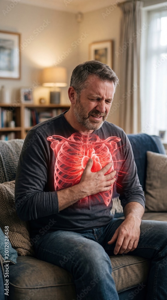Fototapeta premium Man suffering from heart attack. Mature man clutching his chest with graphic illustration of human heart and ribs. Pain, cardiology, health emergency and medical condition concept.