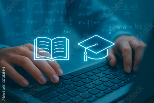 Student Using Laptop with Digital Education Icons and Math Formulas Overlay