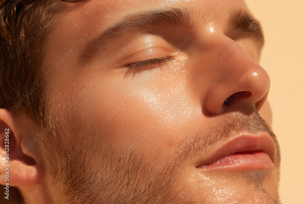 Fototapeta premium Glistening male cheek skin with gel texture, close up, smooth hydrated skin, facial stubble, eyes closed, warm light glow