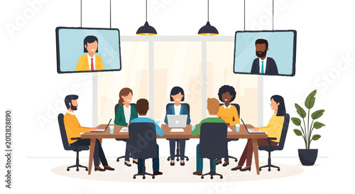 Bild auf Leinwand Diverse Business Team Having a Hybrid Meeting in a Modern Office with Remote Par