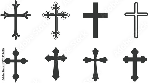 Foto Christian cross icons collection set, religious faith symbols, black vector illu