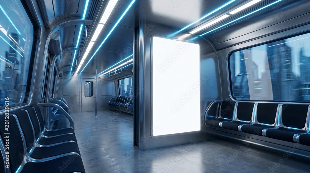 Obraz premium Futuristic subway train interior features a blank illuminated billboard, empty seats, and neon blue overhead lighting in a pristine setting.