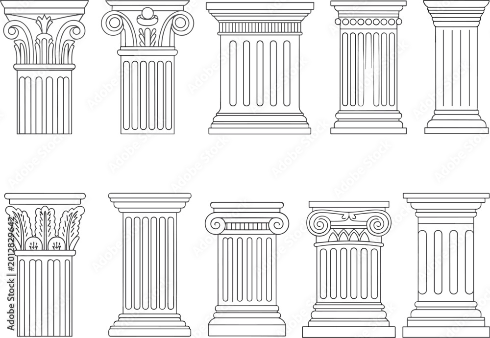 Obraz premium Classical columns collection set, ancient greek roman architecture pillars illustration, vector design for historic decoration
