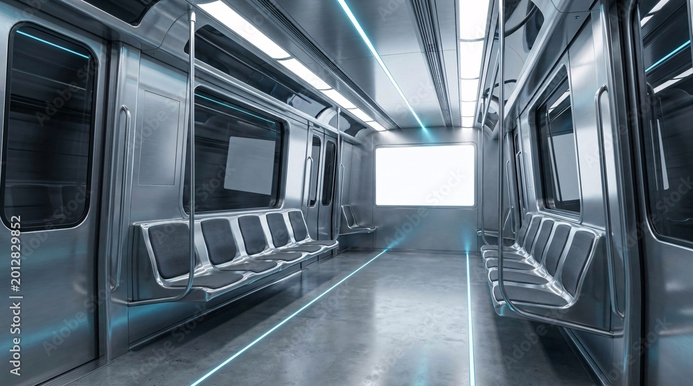 Obraz premium Futuristic subway train interior features a blank illuminated billboard, empty seats, and neon blue overhead lighting in a pristine setting.