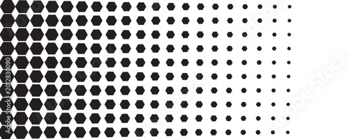 Halftone lattice with hexagon. Gradient transition grid with fade effect. Degrade background with black hexagon size gradation. Vertical border with gradient transition lattice, vector illustration