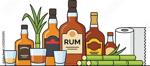 Cuadro en lienzo Rum bottles and sugarcane collection with glasses and bar accessories, flat vect