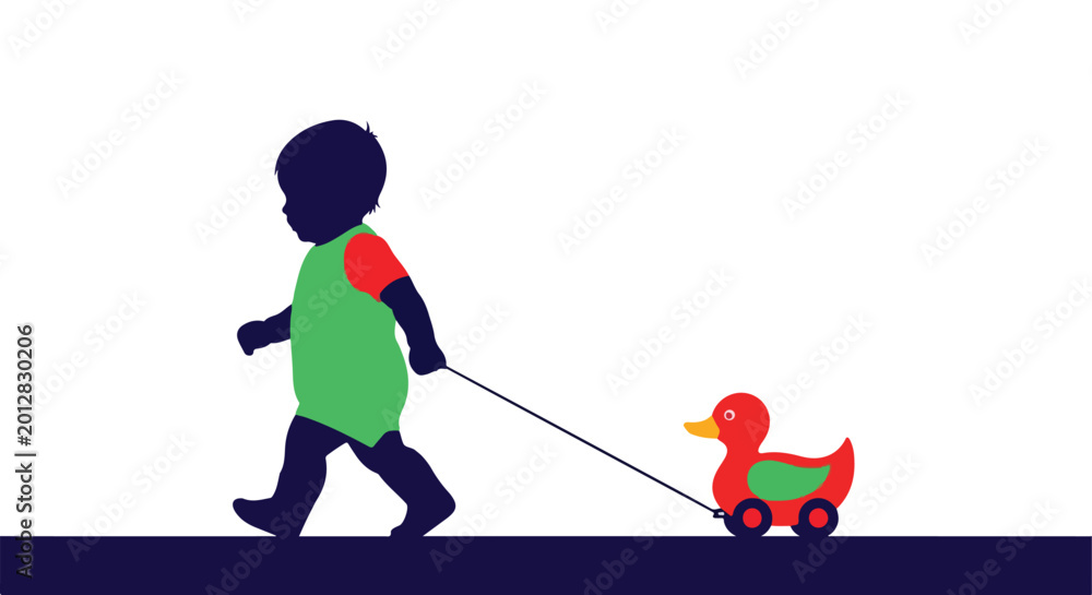 Obraz premium A silhouette of a child walks, pulling a red toy duck on wheels with a string