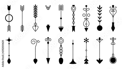 Bild auf Leinwand Collection of decorative arrow and floral line art designs on a white background
