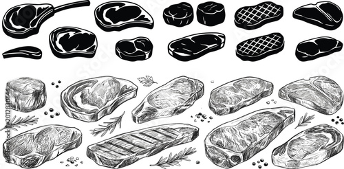 Photos Steak and raw meat cuts collection, hand drawn and silhouette vector illustratio
