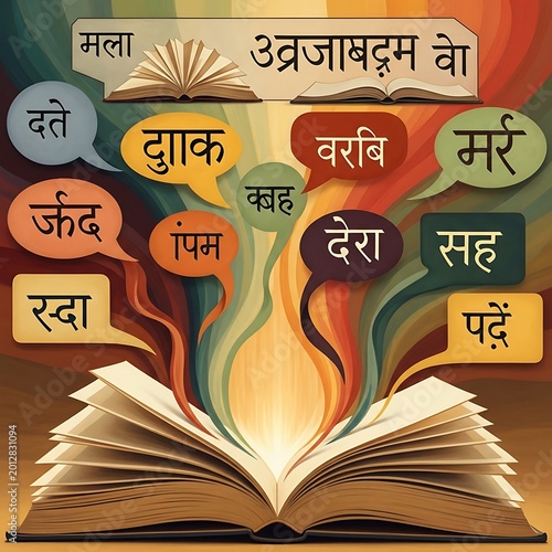 Open book with speech bubbles containing abstract Indian script characters.